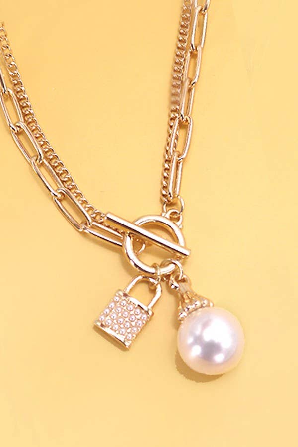 PEARL LOCK CHARM DOUBLE LAYER TOGGLE NECKLACE | 31N24104NECK: Gold