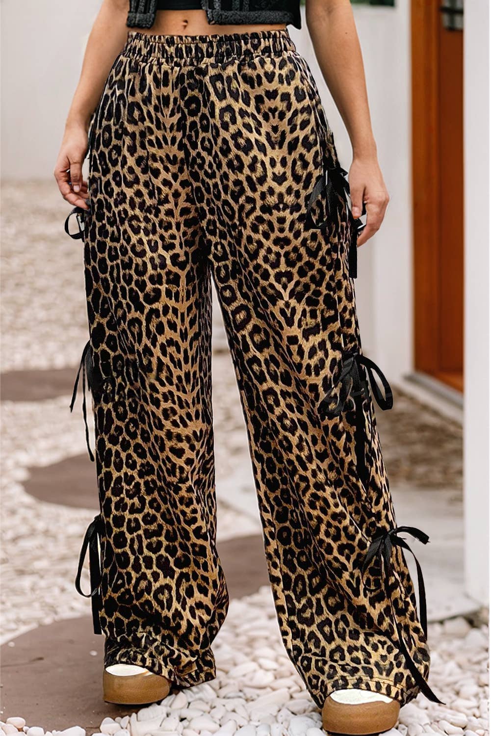 Leopard Print Bow Tie Drawstring Elastic High Waist Pant
