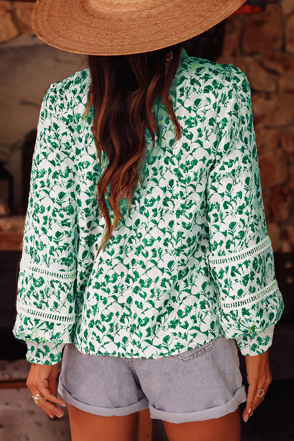 Khaki Printed Lace Detail Floral Puff Sleeve Fall Shirt