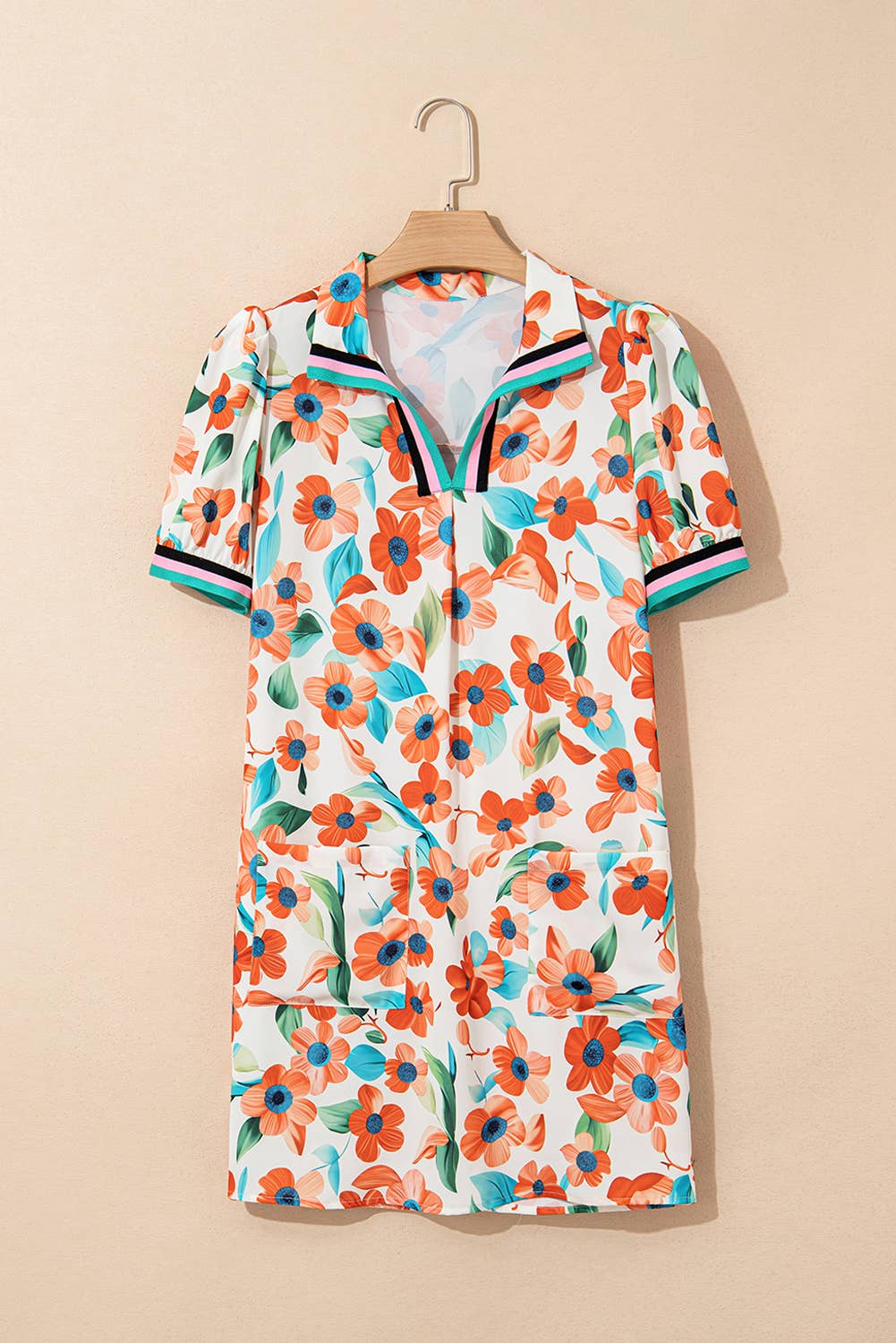 Contrast Trim Floral Split Neck Puff Mini Dress