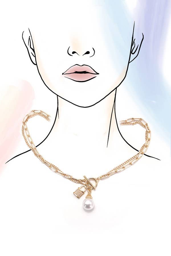 PEARL LOCK CHARM DOUBLE LAYER TOGGLE NECKLACE | 31N24104NECK: Gold