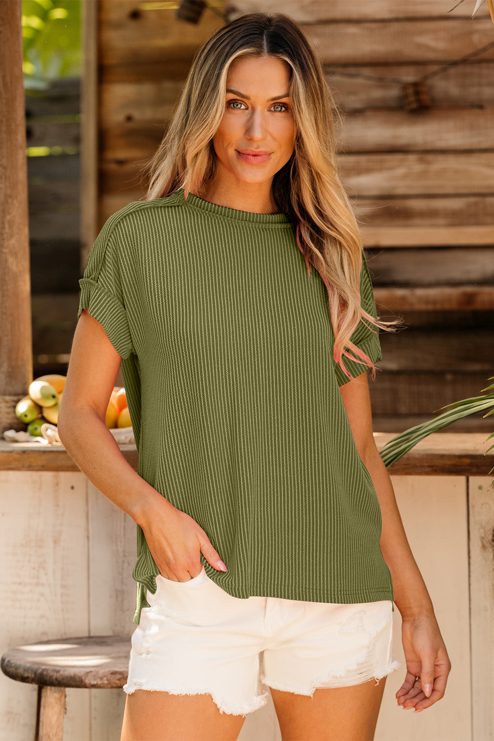 Rose Red Textured Knit Exposed Stitching T-shirt