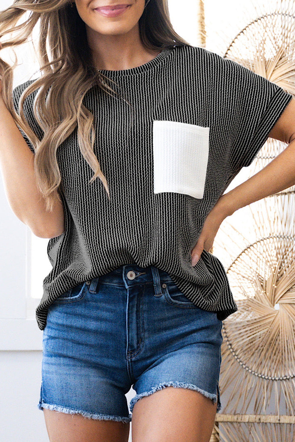 Dark Blue Corded Knit Color Block Pocketed Crew Neck T Shirt