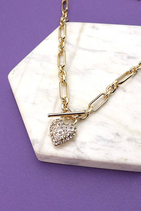 HANDMADE LINK CHAIN RHINESTONE HEART NECKLACE | 71N09155: GOLD