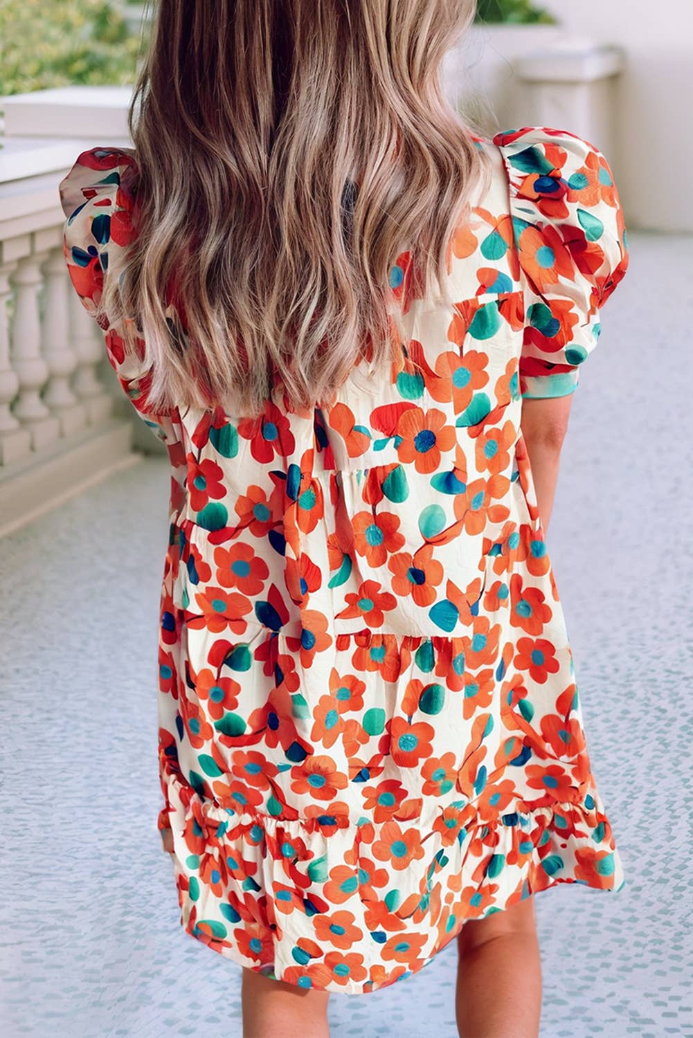 Contrast Trim Floral Split Neck Puff Mini Dress