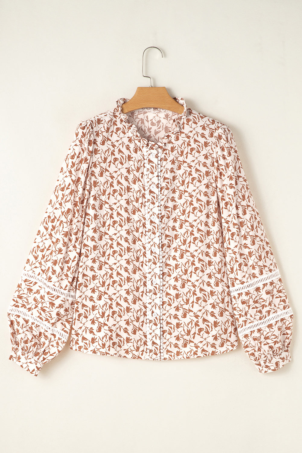 Khaki Printed Lace Detail Floral Puff Sleeve Fall Shirt