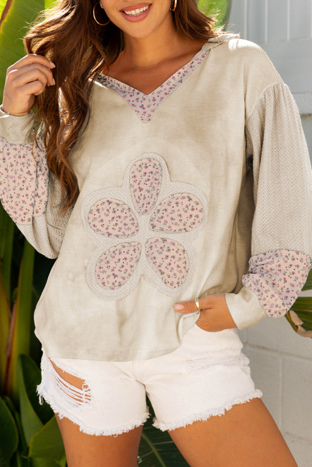 Green Floral Patched Waffle Textured Colorblock V Neck Casual Hooded Top