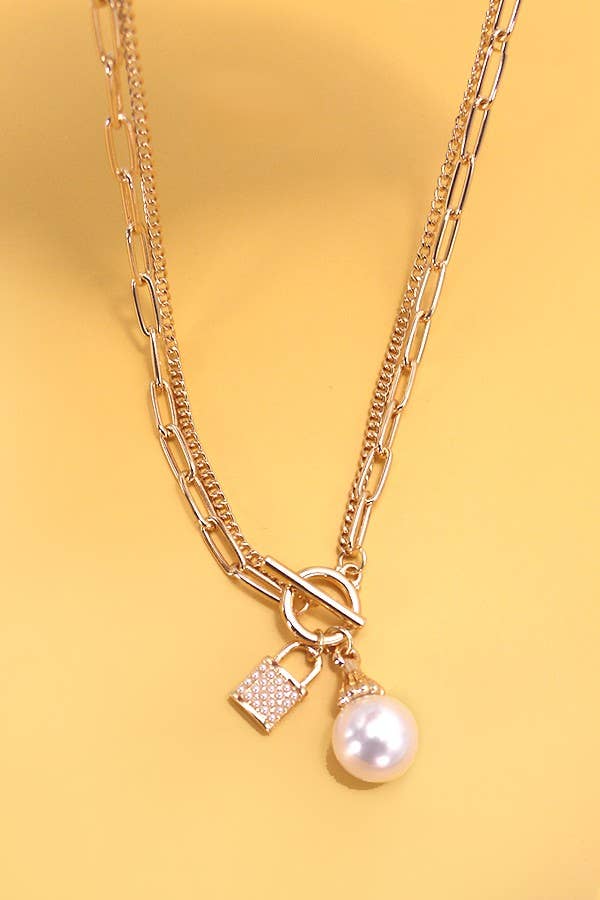 PEARL LOCK CHARM DOUBLE LAYER TOGGLE NECKLACE | 31N24104NECK: Gold