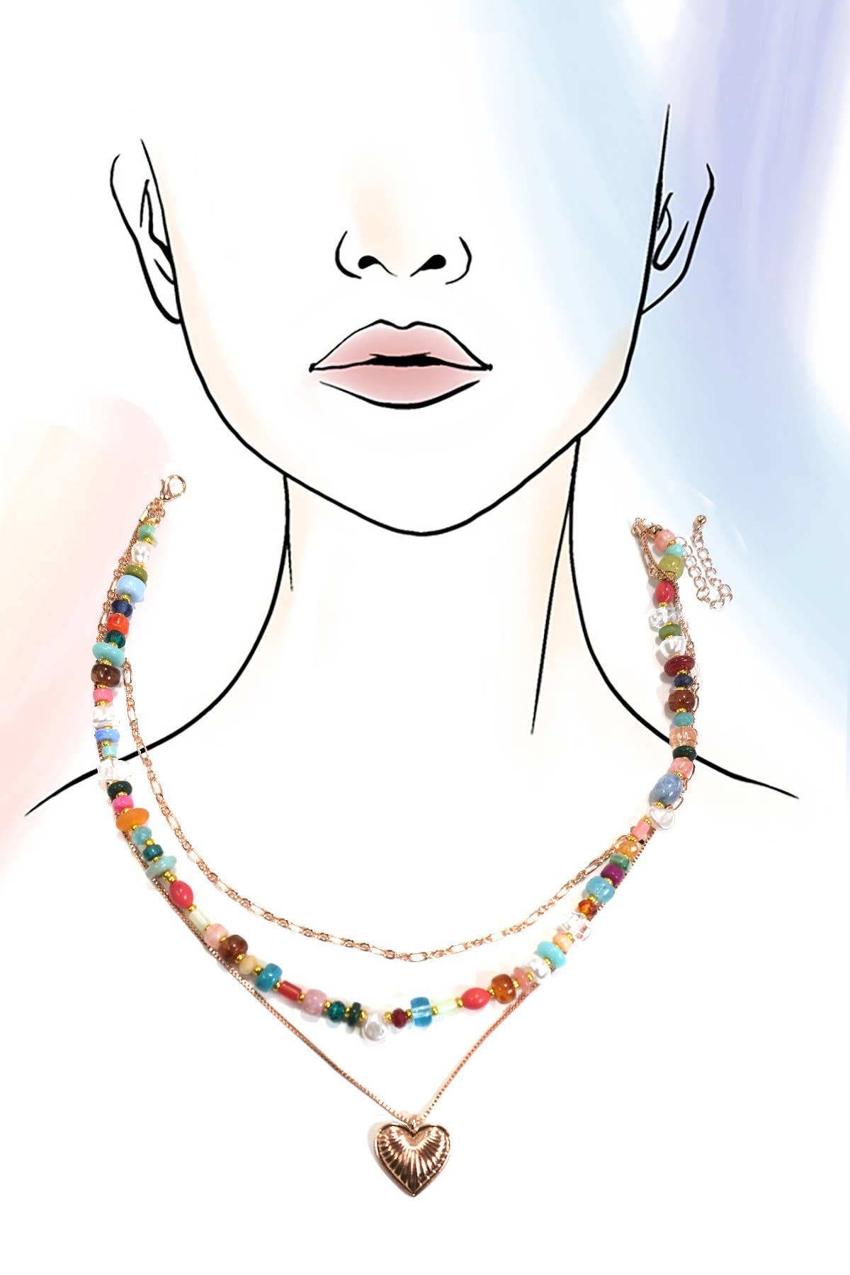 MULTI LAYERED BEADED HEART CHARM NECKLACE | 80N1244: GOLD