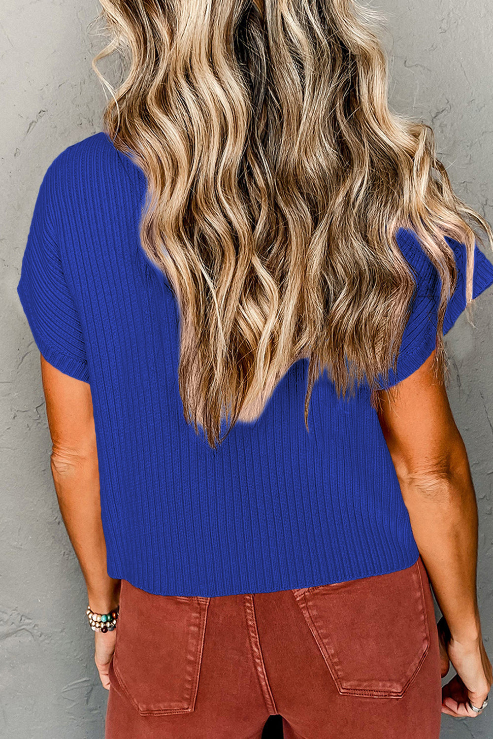 Gold Flame Patch Pocket Ribbed Knit Short Sleeve Sweater