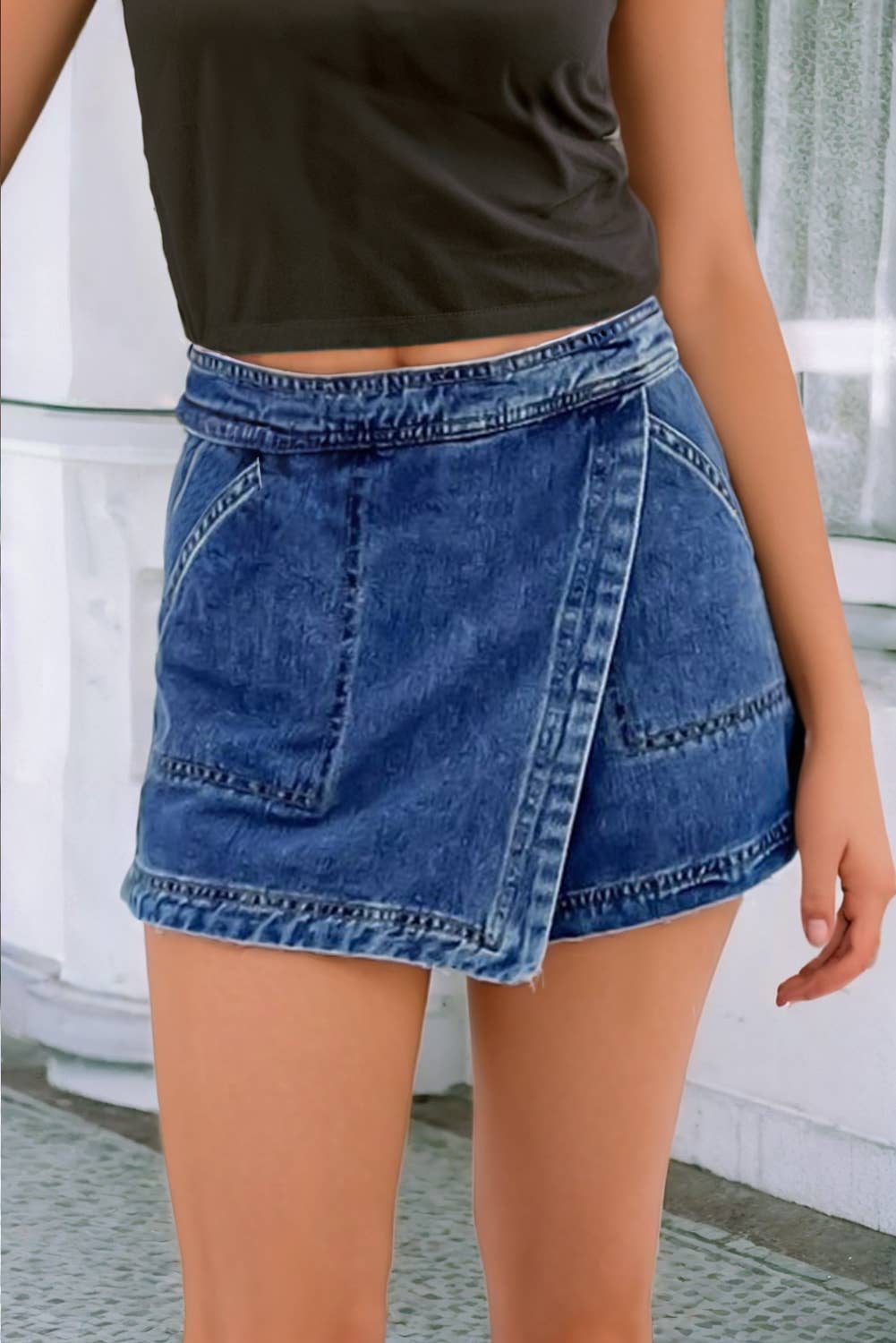 Faux Wrapped Mini Denim Skort: Ashleigh Blue