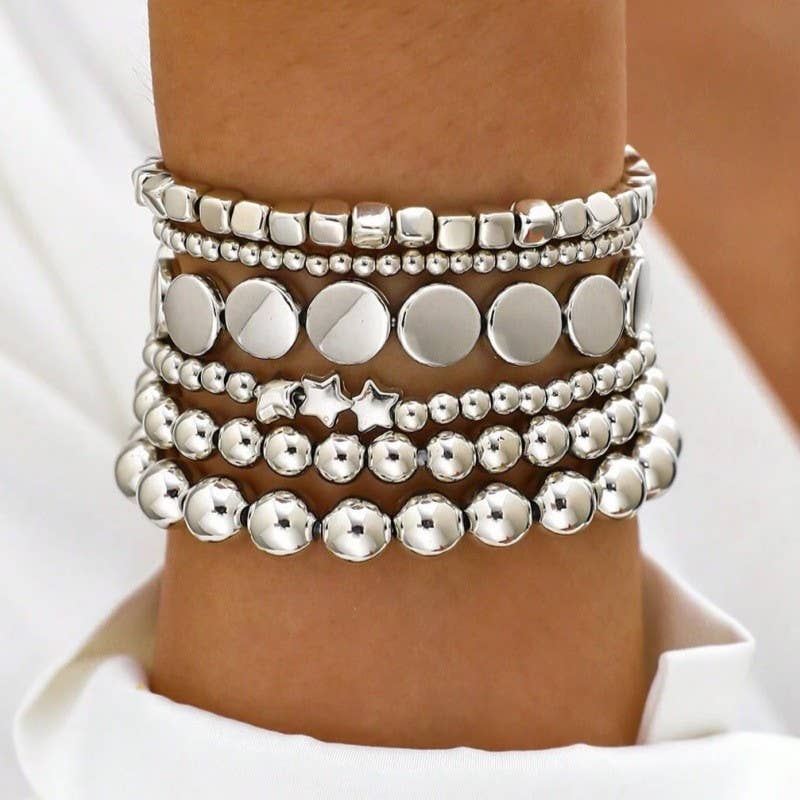MULTI BALL CHAIN BEAD MIX STRETCHABLE BRACELET | 40B5129: Silver