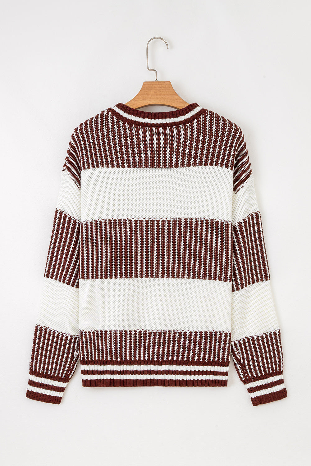 Khaki Two Tone Striped Patchwork Drop Shoulder Loose Sweater
