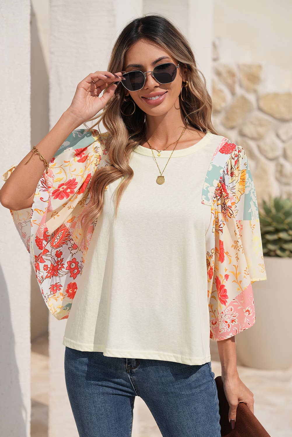 Floral Patchwork Half Batwing Sleeve Blouse: Beige