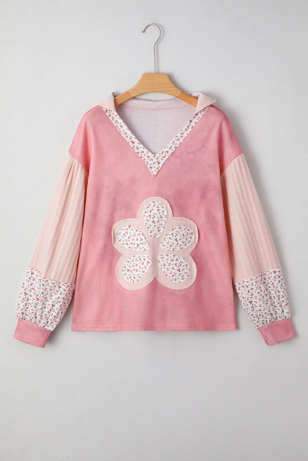 Green Floral Patched Waffle Textured Colorblock V Neck Casual Hooded Top