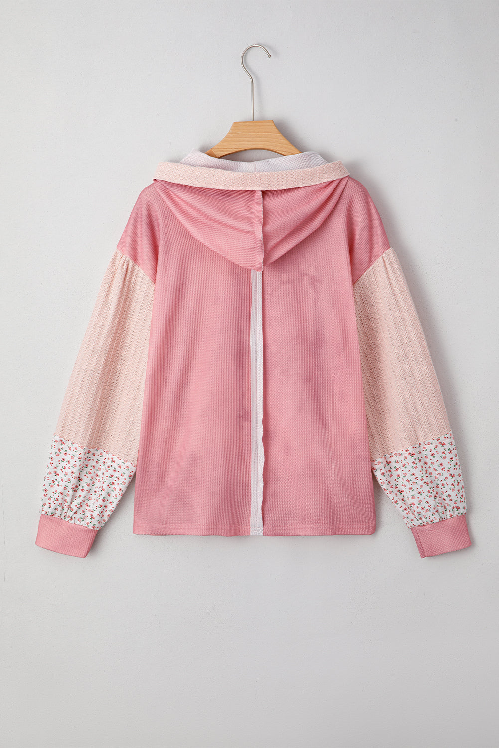 Green Floral Patched Waffle Textured Colorblock V Neck Casual Hooded Top
