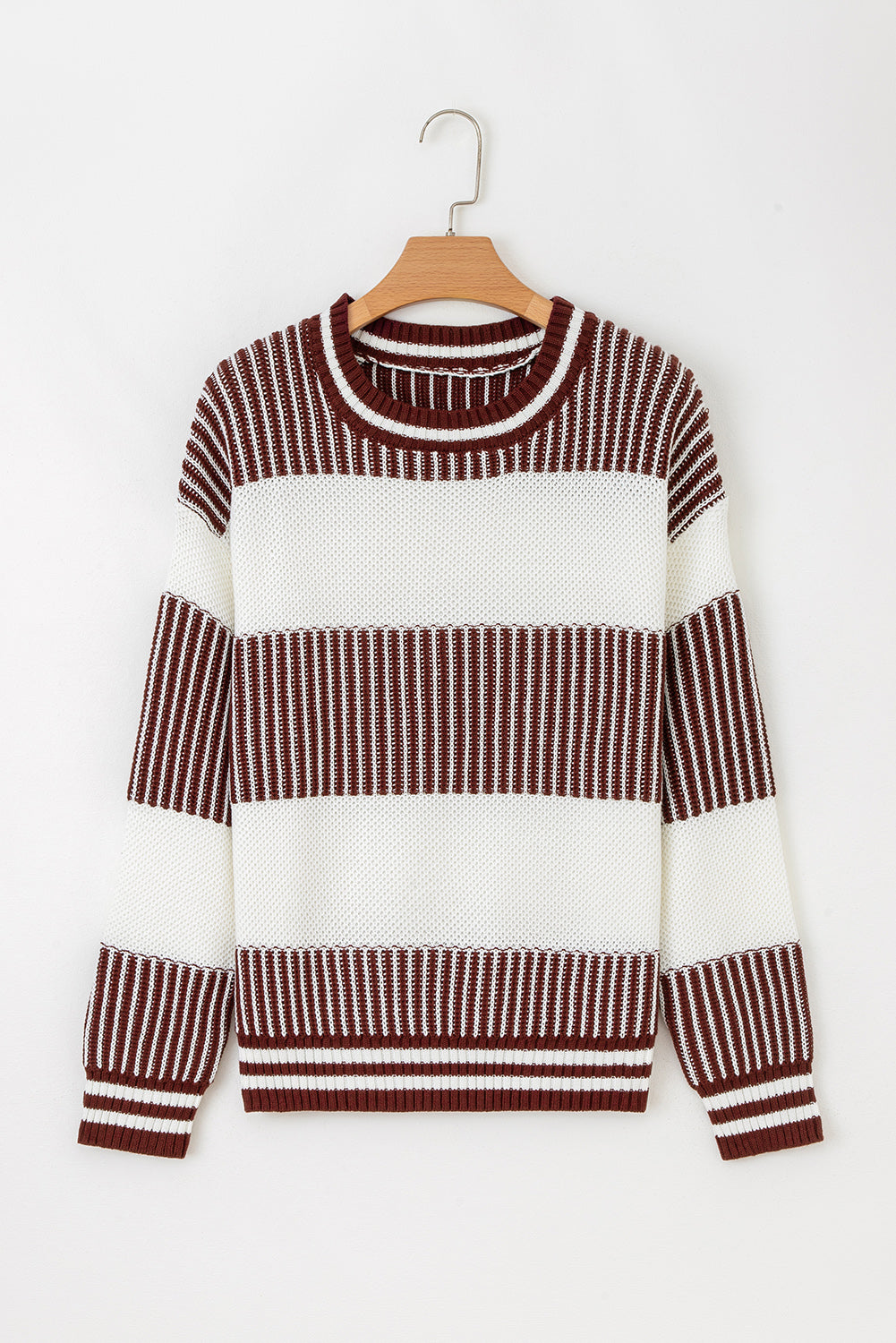 Khaki Two Tone Striped Patchwork Drop Shoulder Loose Sweater