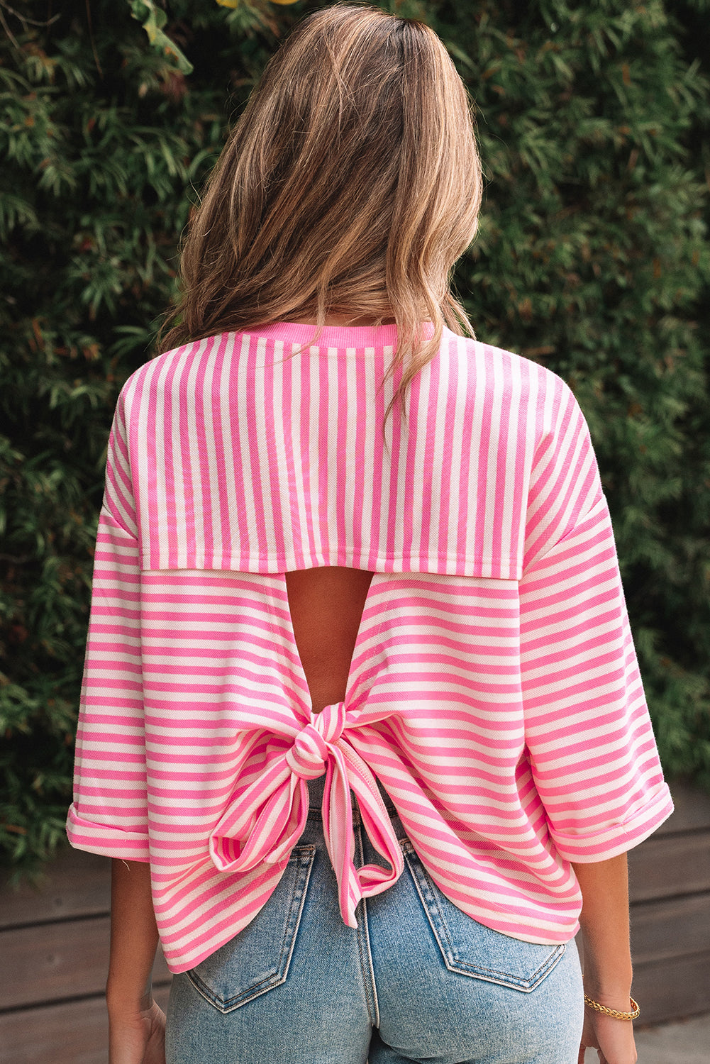 Black Stripe Bowknot Cutout Back Drop Shoulder Wide Bracelet Sleeve Loose Tee
