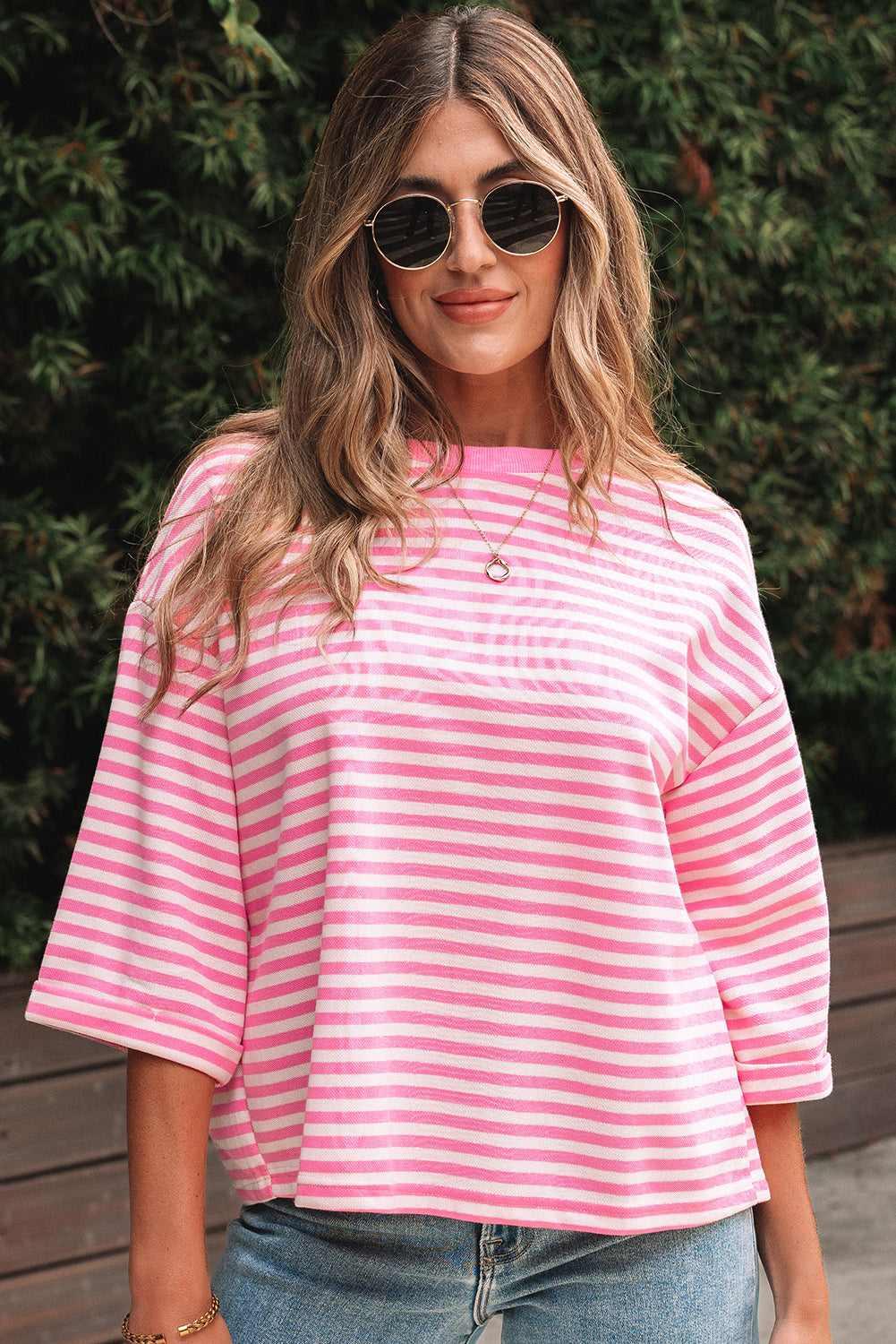 Black Stripe Bowknot Cutout Back Drop Shoulder Wide Bracelet Sleeve Loose Tee
