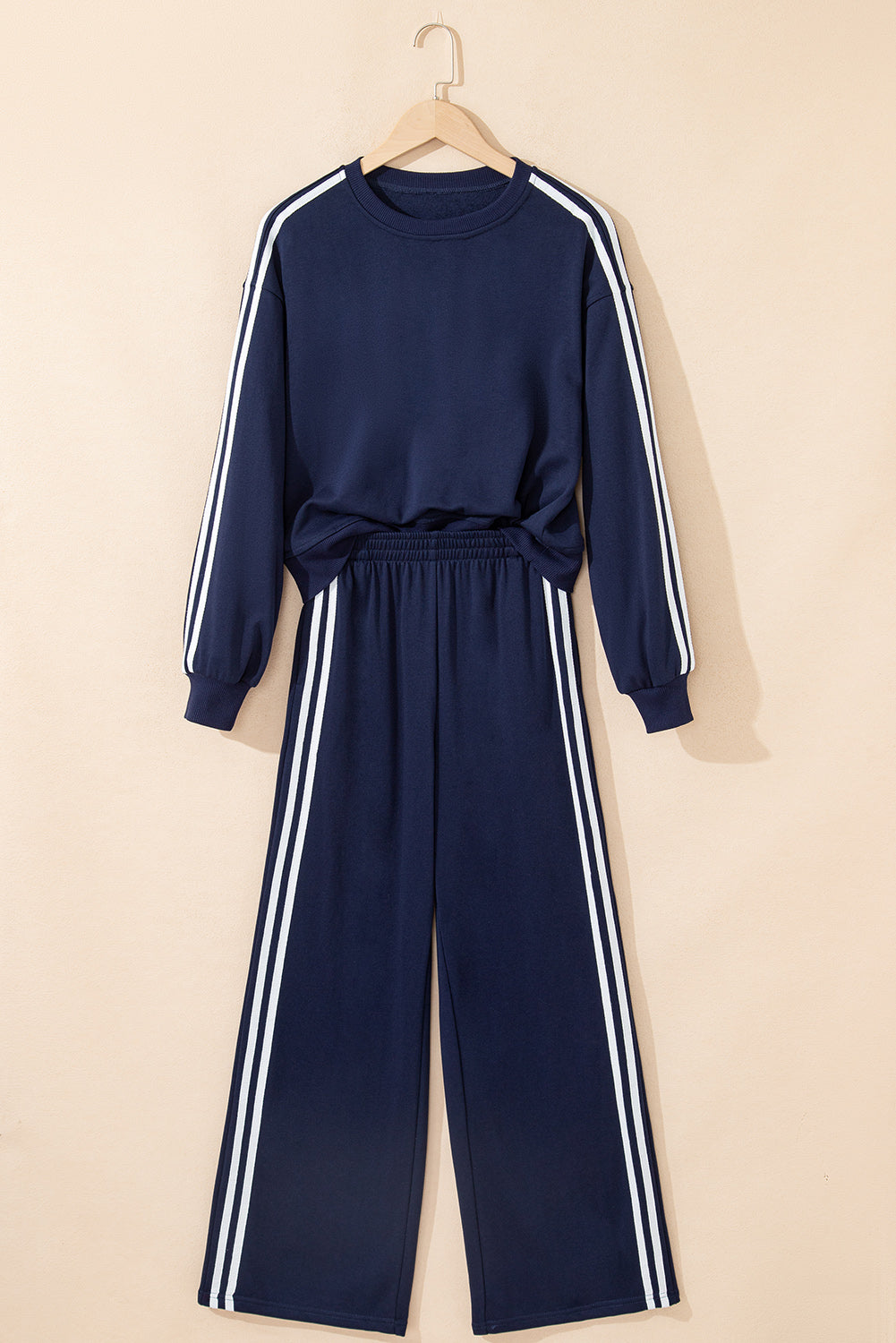 Black Varsity Striped Detail Crewneck Pullover Elastic Sweatpants 2pcs Outfit