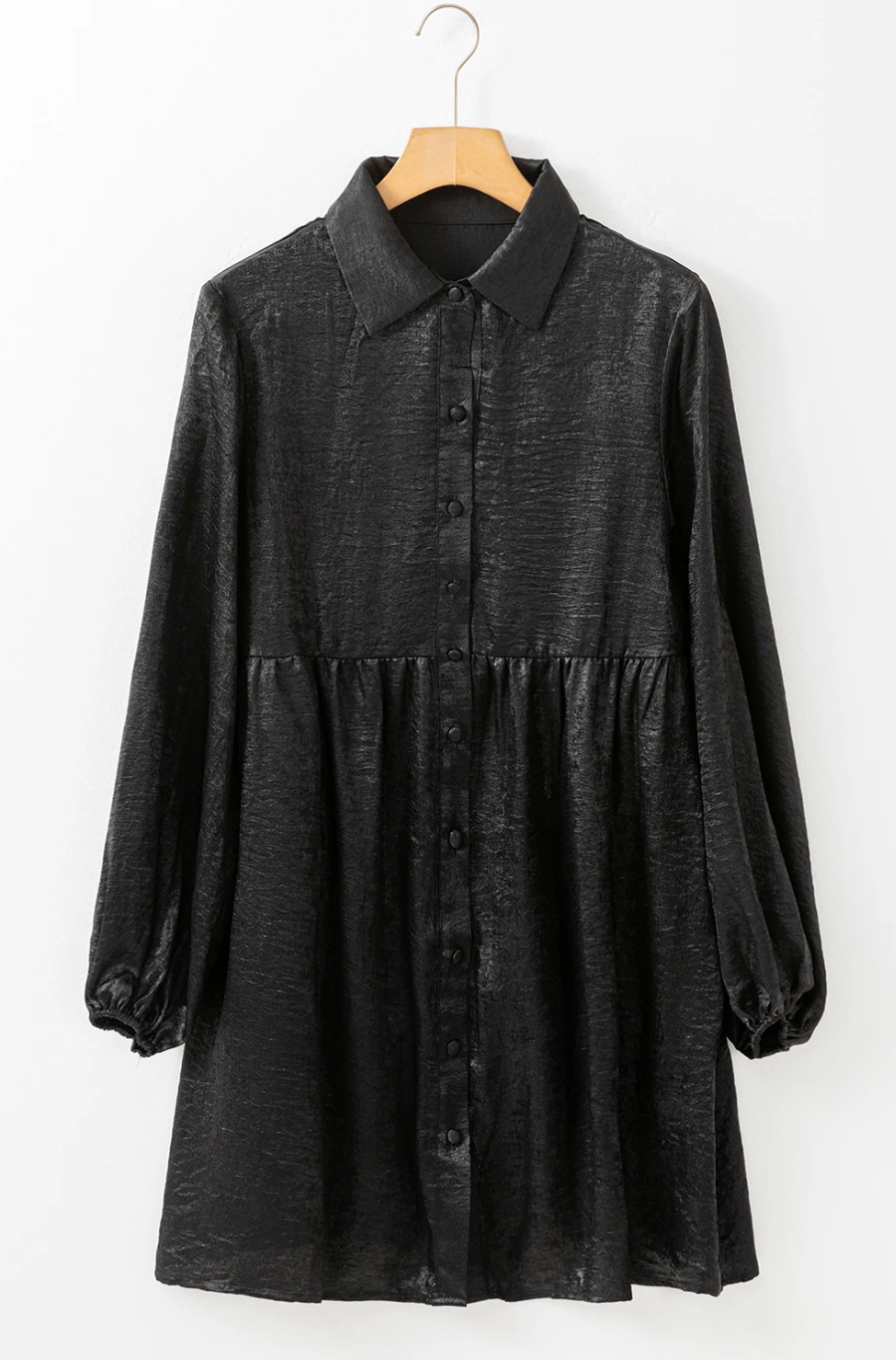 Maggie Black Metallic Sheen Puff Sleeve Button Up Mini Shirt Dress