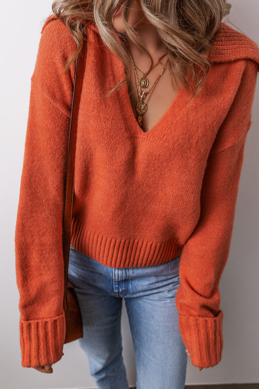 Chestnut Collared V Neck Ribbed Edge Sexy Elegant Sweater