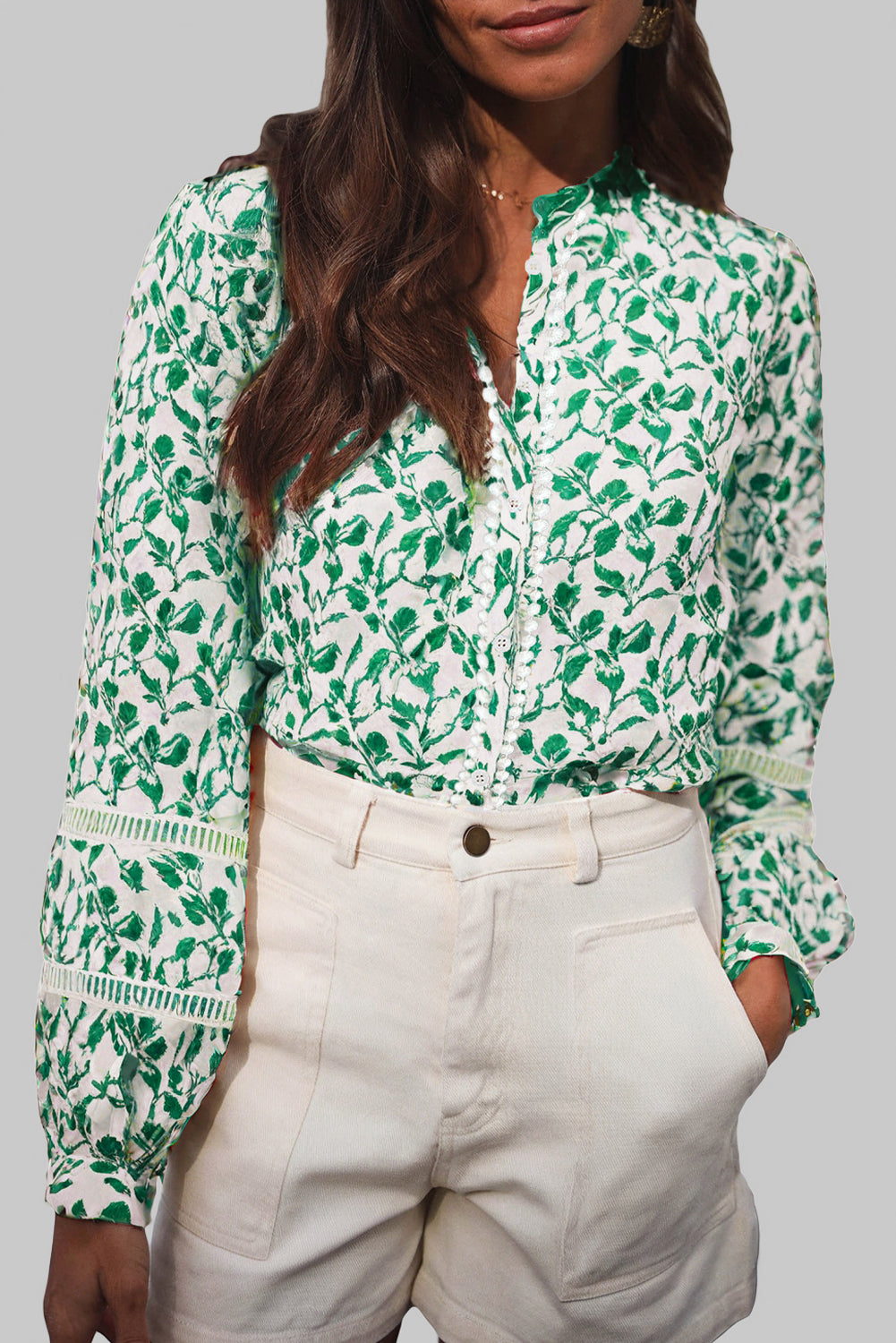 Khaki Printed Lace Detail Floral Puff Sleeve Fall Shirt