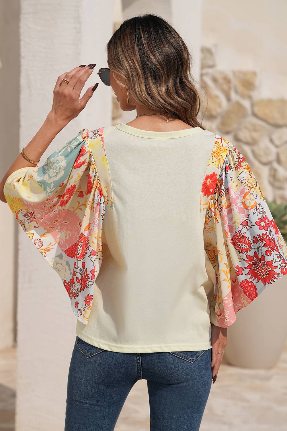 Floral Patchwork Half Batwing Sleeve Blouse: Beige