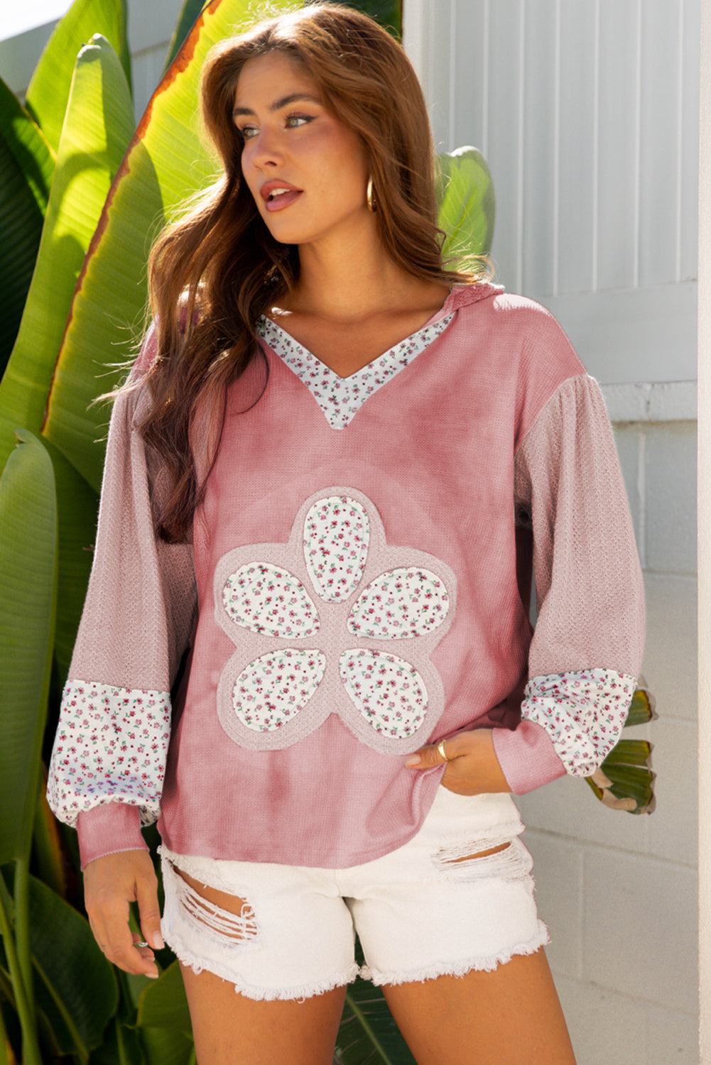 Green Floral Patched Waffle Textured Colorblock V Neck Casual Hooded Top