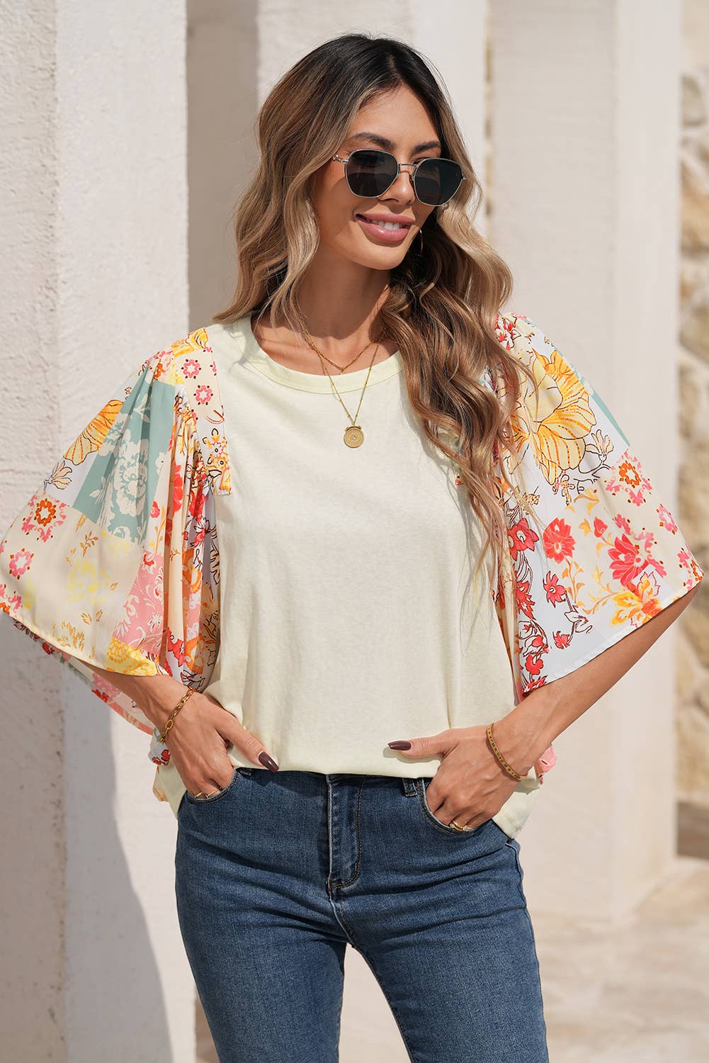 Floral Patchwork Half Batwing Sleeve Blouse: Beige