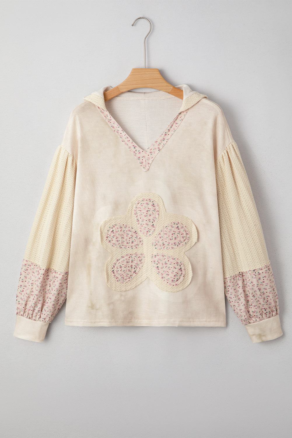 Green Floral Patched Waffle Textured Colorblock V Neck Casual Hooded Top