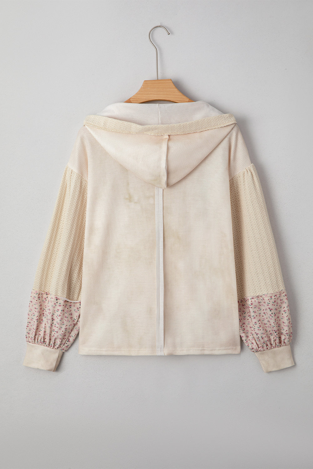 Green Floral Patched Waffle Textured Colorblock V Neck Casual Hooded Top