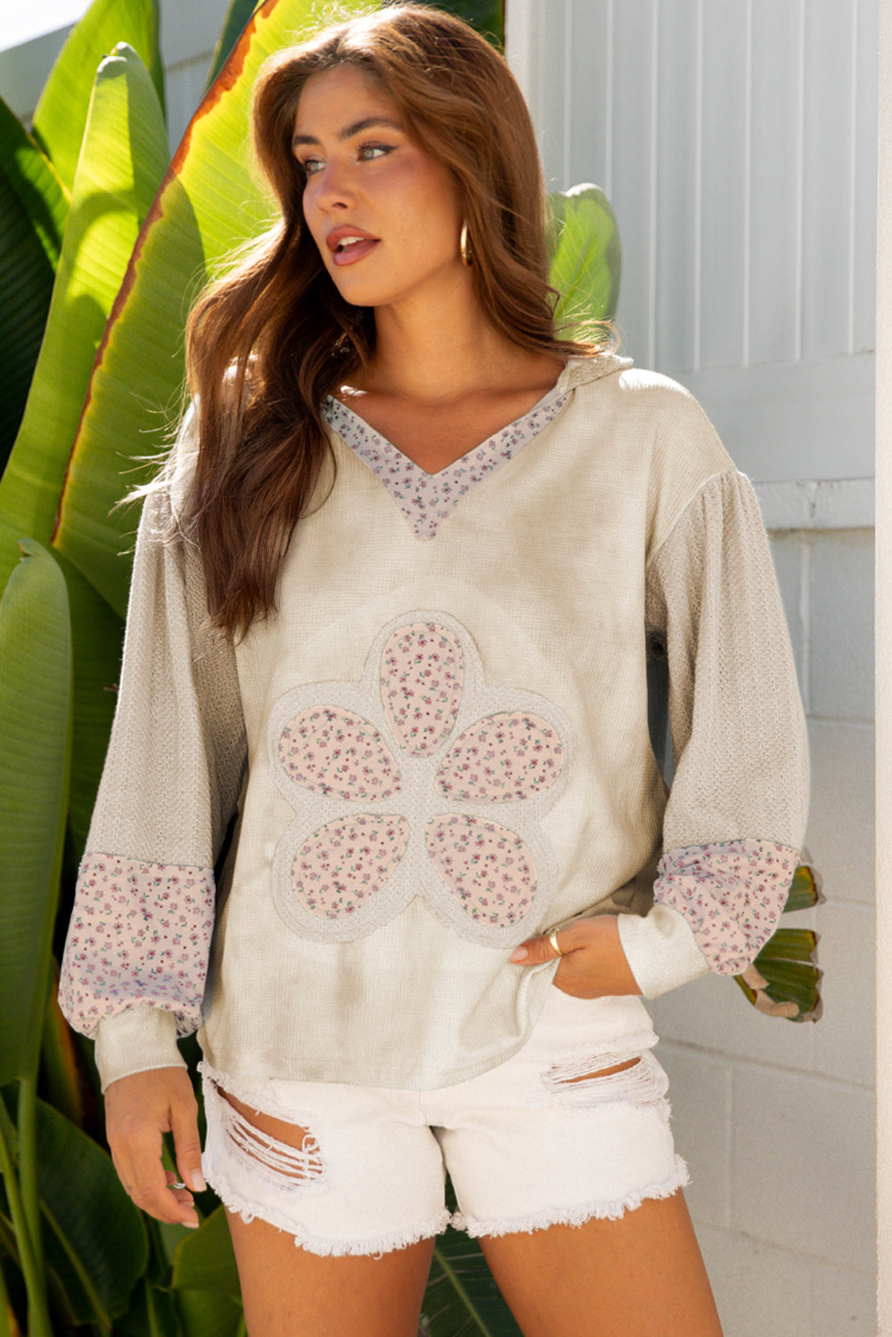 Green Floral Patched Waffle Textured Colorblock V Neck Casual Hooded Top