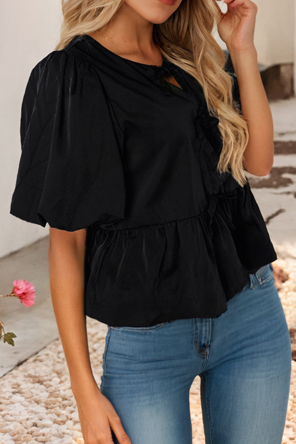 Puff Sleeve Bowknot Front Peplum Blouse
