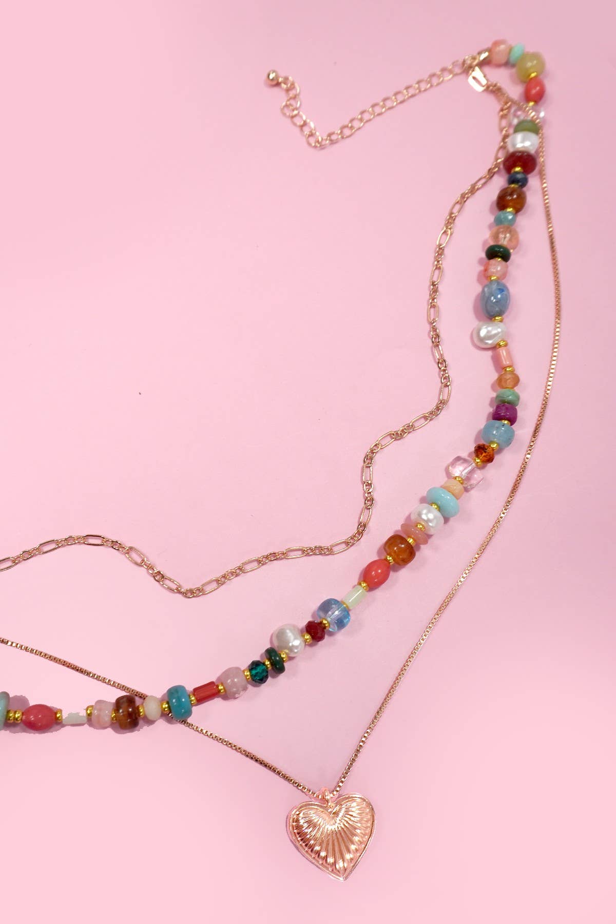 MULTI LAYERED BEADED HEART CHARM NECKLACE | 80N1244: GOLD