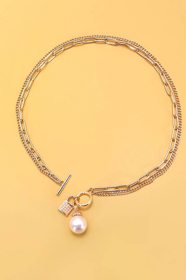 PEARL LOCK CHARM DOUBLE LAYER TOGGLE NECKLACE | 31N24104NECK: Gold