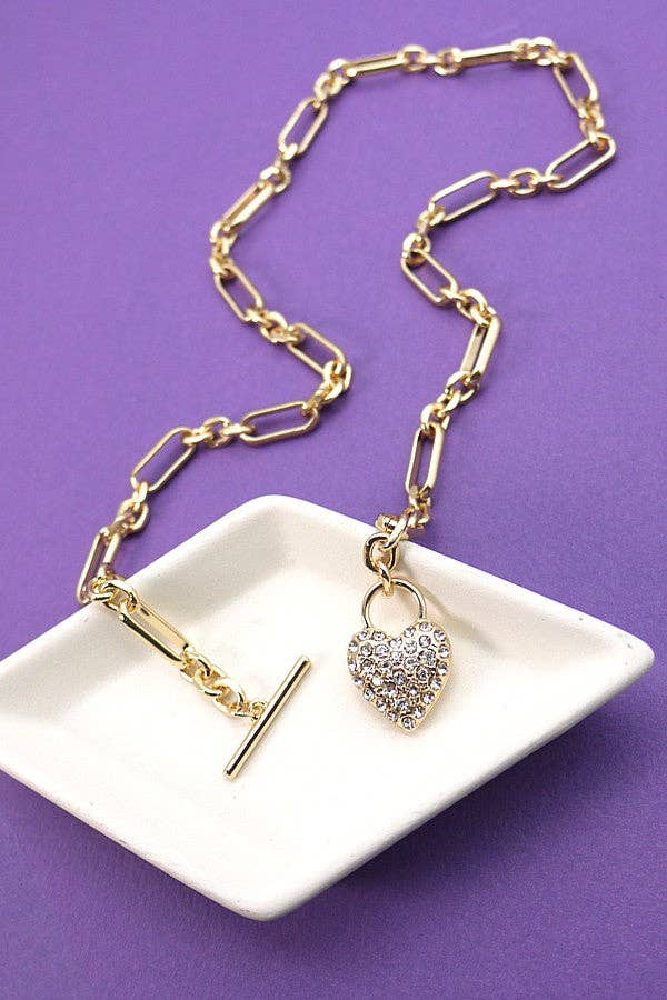 HANDMADE LINK CHAIN RHINESTONE HEART NECKLACE | 71N09155: GOLD