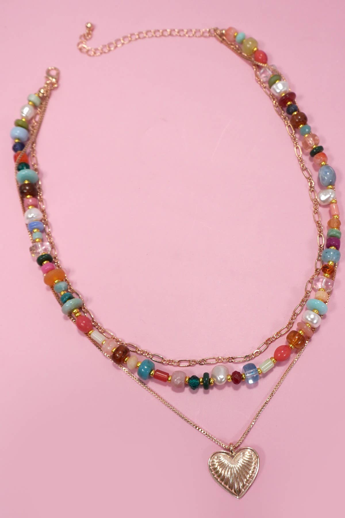 MULTI LAYERED BEADED HEART CHARM NECKLACE | 80N1244: GOLD