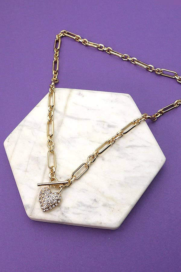HANDMADE LINK CHAIN RHINESTONE HEART NECKLACE | 71N09155: GOLD
