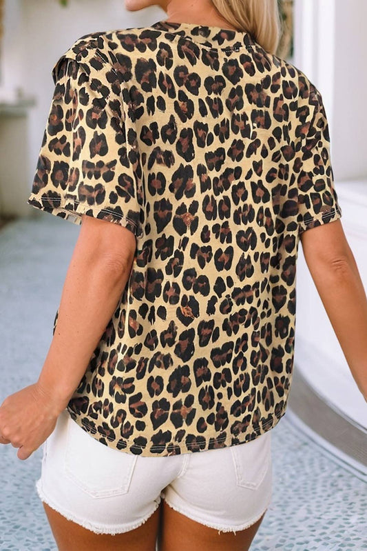Cheetah Print Round Neck Loose Fit T Shirt: Khaki