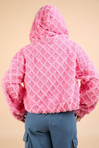 Promise Oversized Fuzzy Fur Textured Knit Hoodie Jacket: PINK