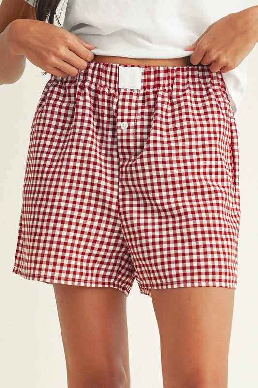 Vintage Plaid Print High Waisted Loose Wide Leg Shorts: Red