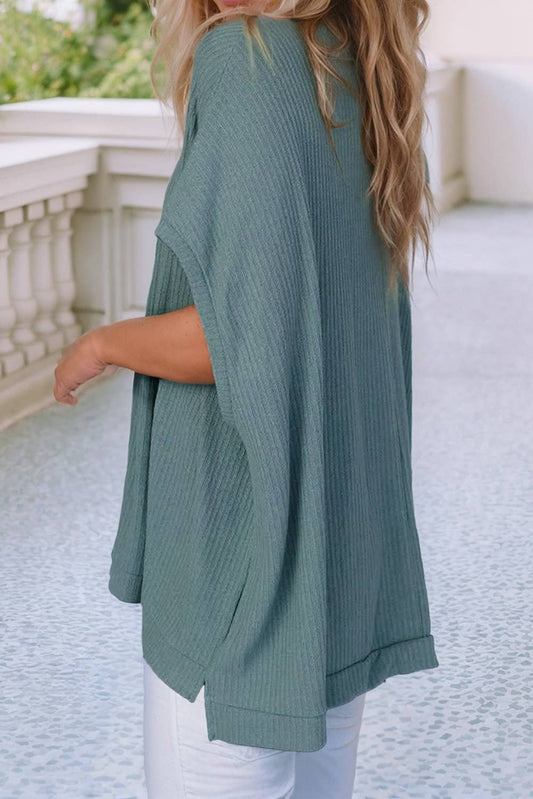 Oversized Ribbed Knit V Neck Dolman Short Sleeve Top