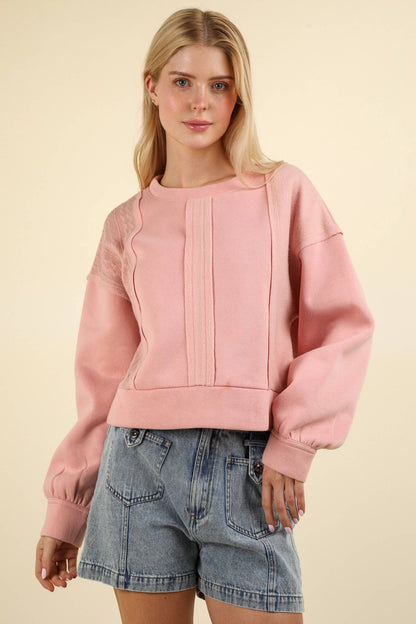 Cheyenne Cable Contrast Detail Oversized Knit Crop Top: BLUSH