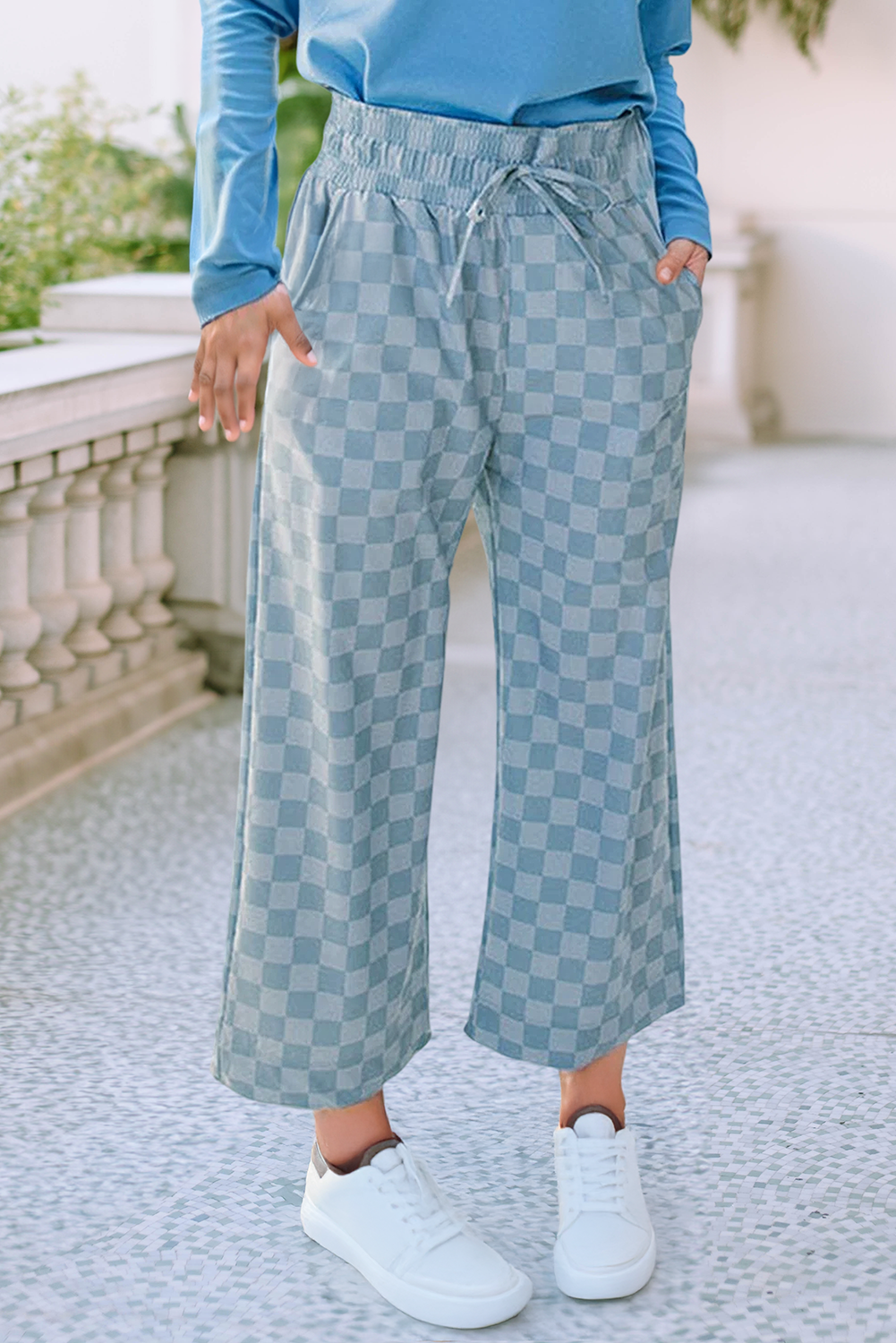 Tie Elastic Waist Checkered Loose Pants: Blue