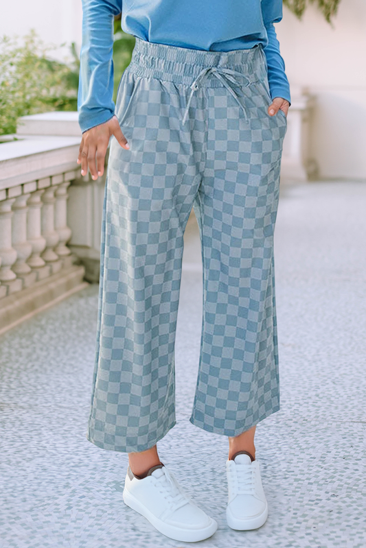 Tie Elastic Waist Checkered Loose Pants: Blue