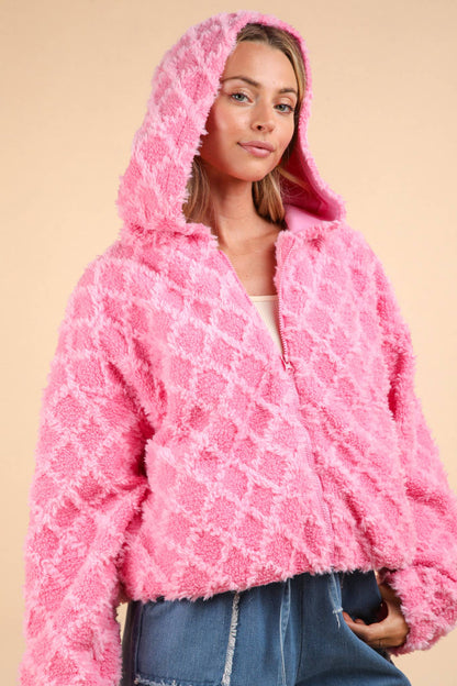 Promise Oversized Fuzzy Fur Textured Knit Hoodie Jacket: PINK