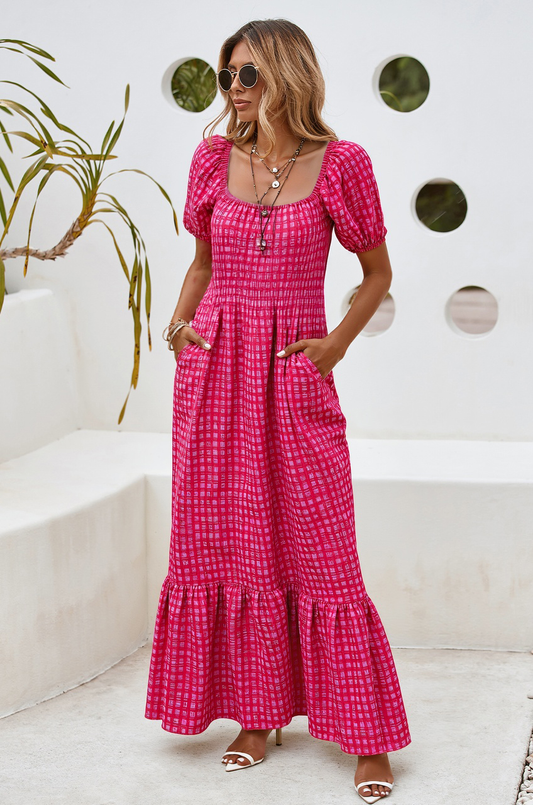Gingham Check Bubble Sleeve Ruffled Maxi Dress