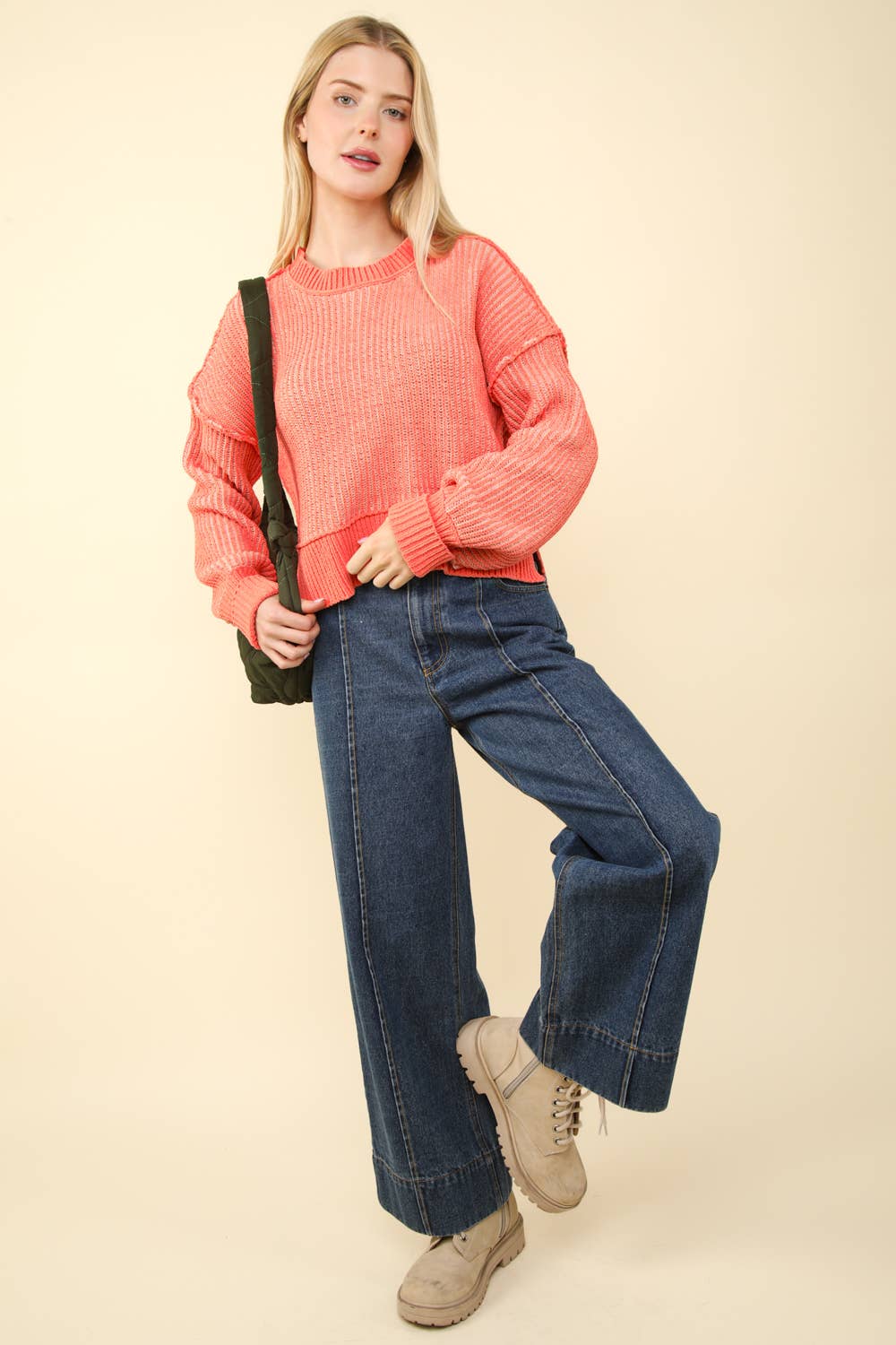 Twyla Two Tone Striped Casual Stripe Sweater Top: Orange