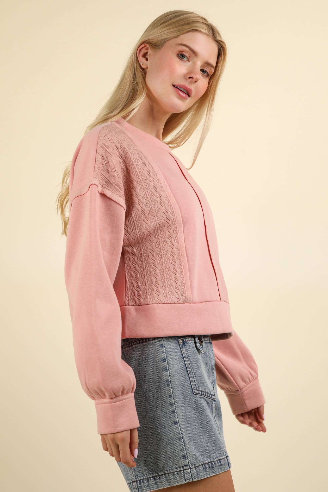 Cheyenne Cable Contrast Detail Oversized Knit Crop Top: BLUSH